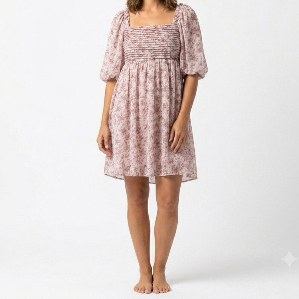Worth Collective Pink Floral Smocked Babydoll Mini Dress Puff Sleeve Size XL